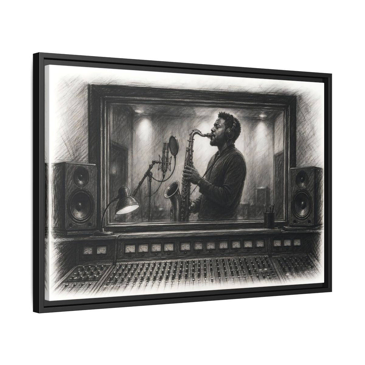 Side Mockup 14. Vintage Saxophone Player Monochrome Musician shown as framed canvas print