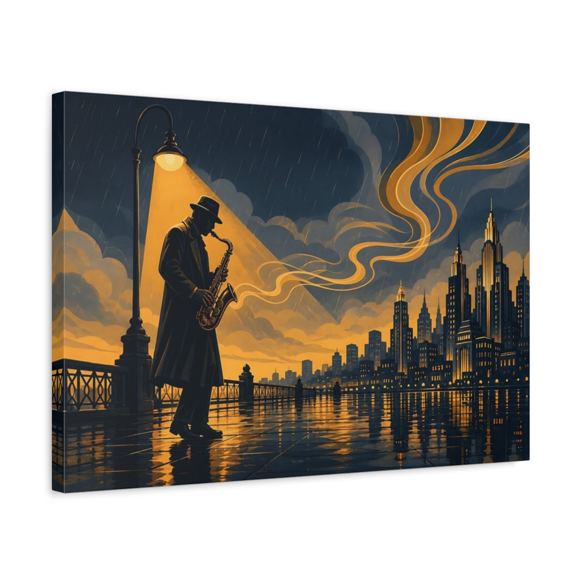 Side Mockup 3. Vintage Saxophonist Blue And Gold shown as canvas print