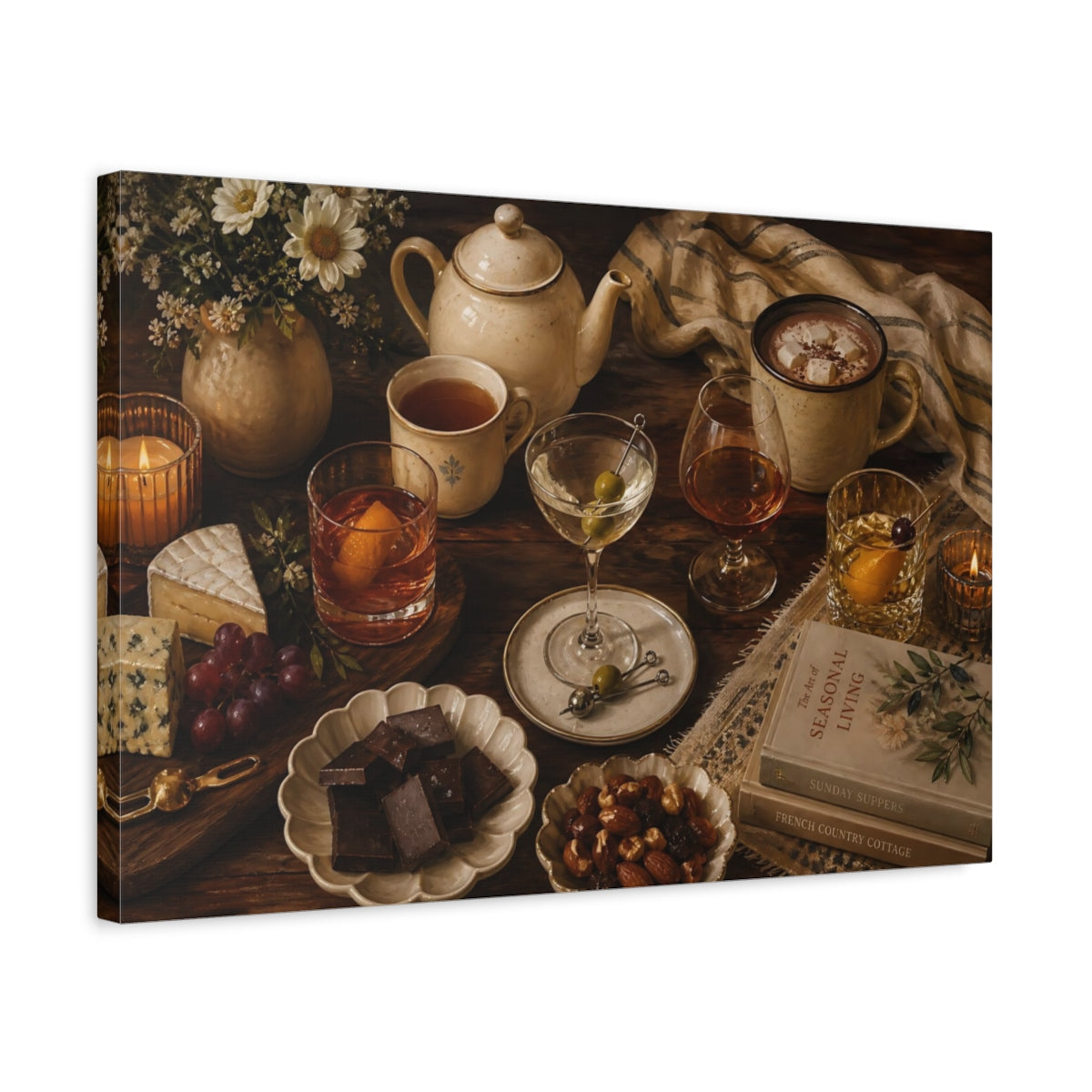 Side Mockup 3. Vintage Still Life Warm Still Life shown as stretched canvas wall art