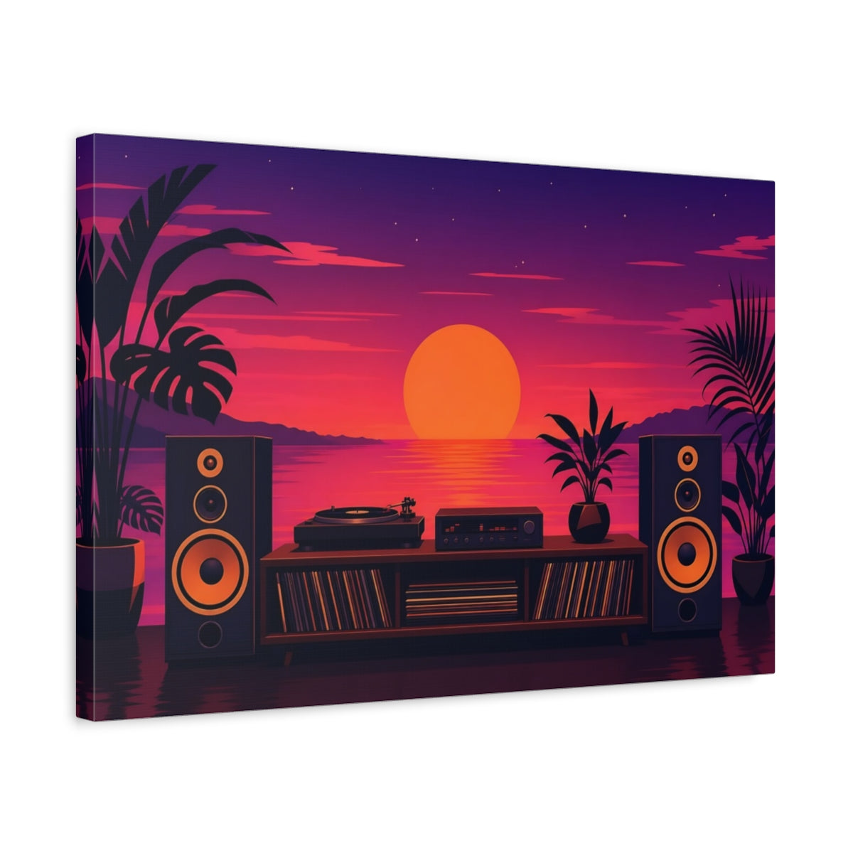 Side Mockup 3. Vintage Sunset Purple Orange Sunset shown as canvas print