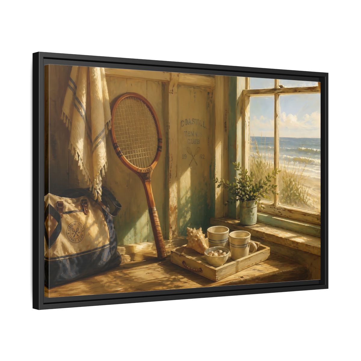 Side Mockup 14. Vintage Tennis Racket Vintage Coastal shown as framed canvas print