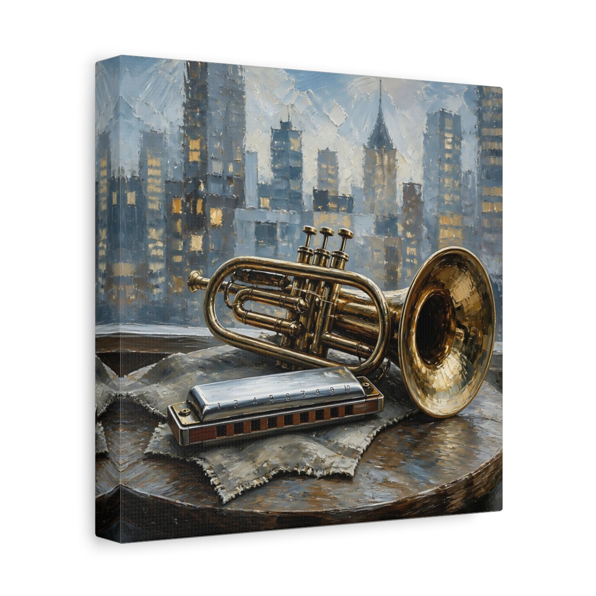 Side Mockup 9. Vintage Trumpet Harmonica Gold And Blue shown as canvas print
