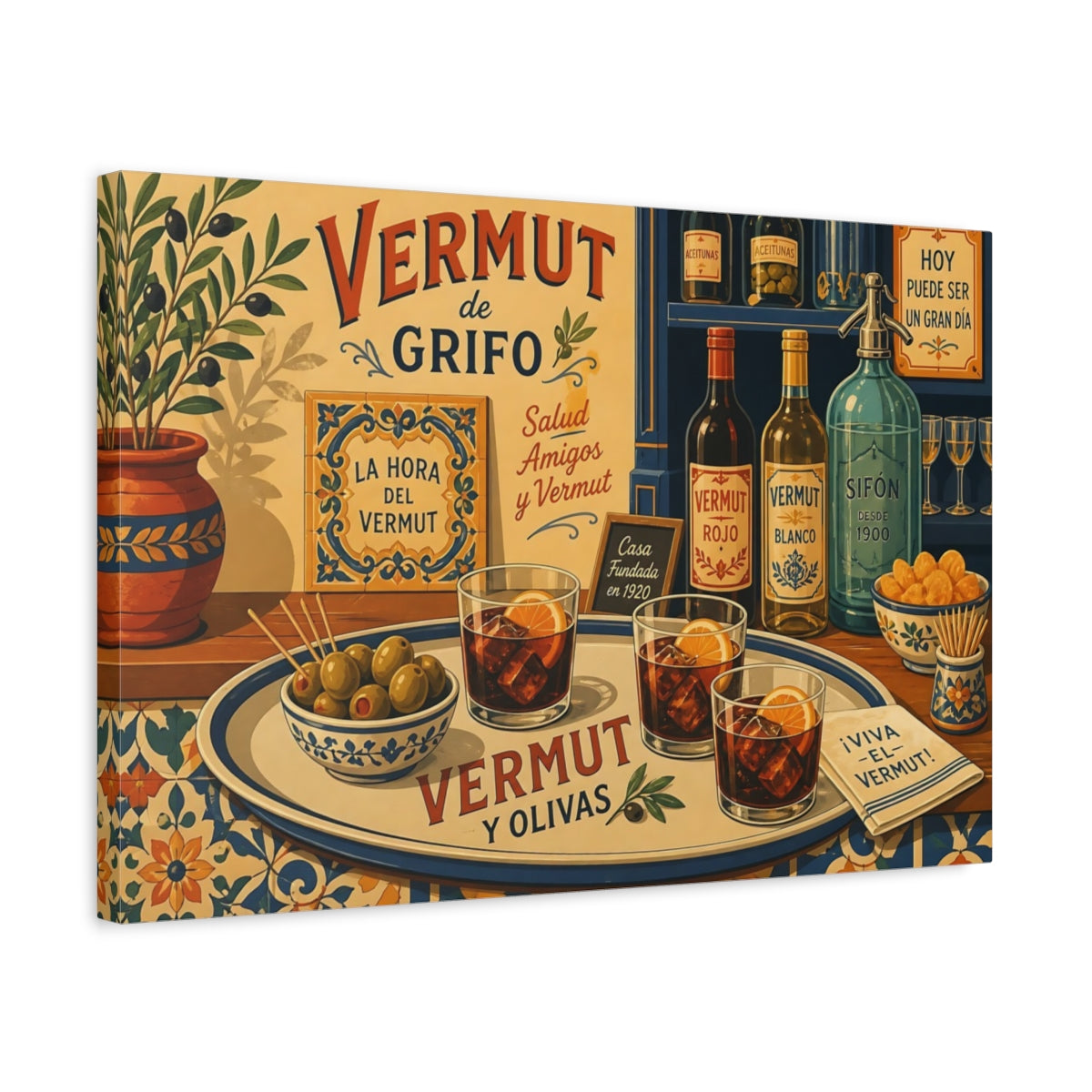 Side Mockup 3. Vintage Vermouth Bar Spanish Vermouth shown as stretched canvas wall art