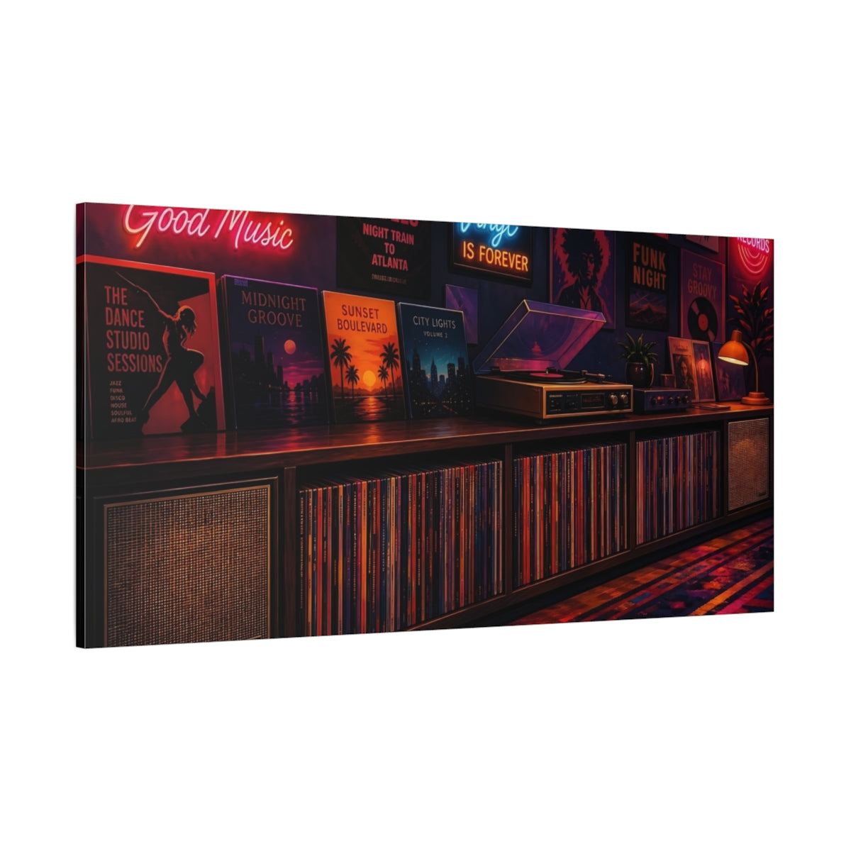 Side Mockup 2. Vintage Vinyl Collection Retro Music shown as canvas print