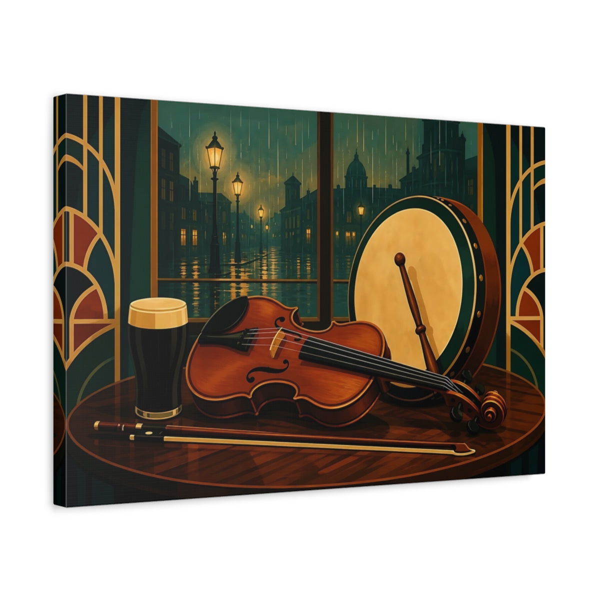 Side Mockup 3. Vintage Violin Bodhran Irish Pub Music shown as canvas print