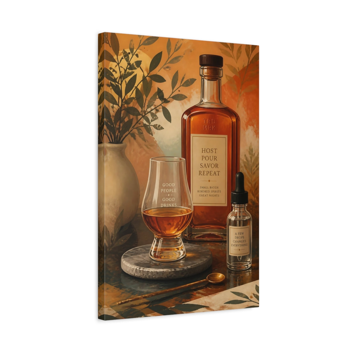 Side Mockup 3. Vintage Whiskey Still Life Amber Drink Decor shown as stretched canvas wall art