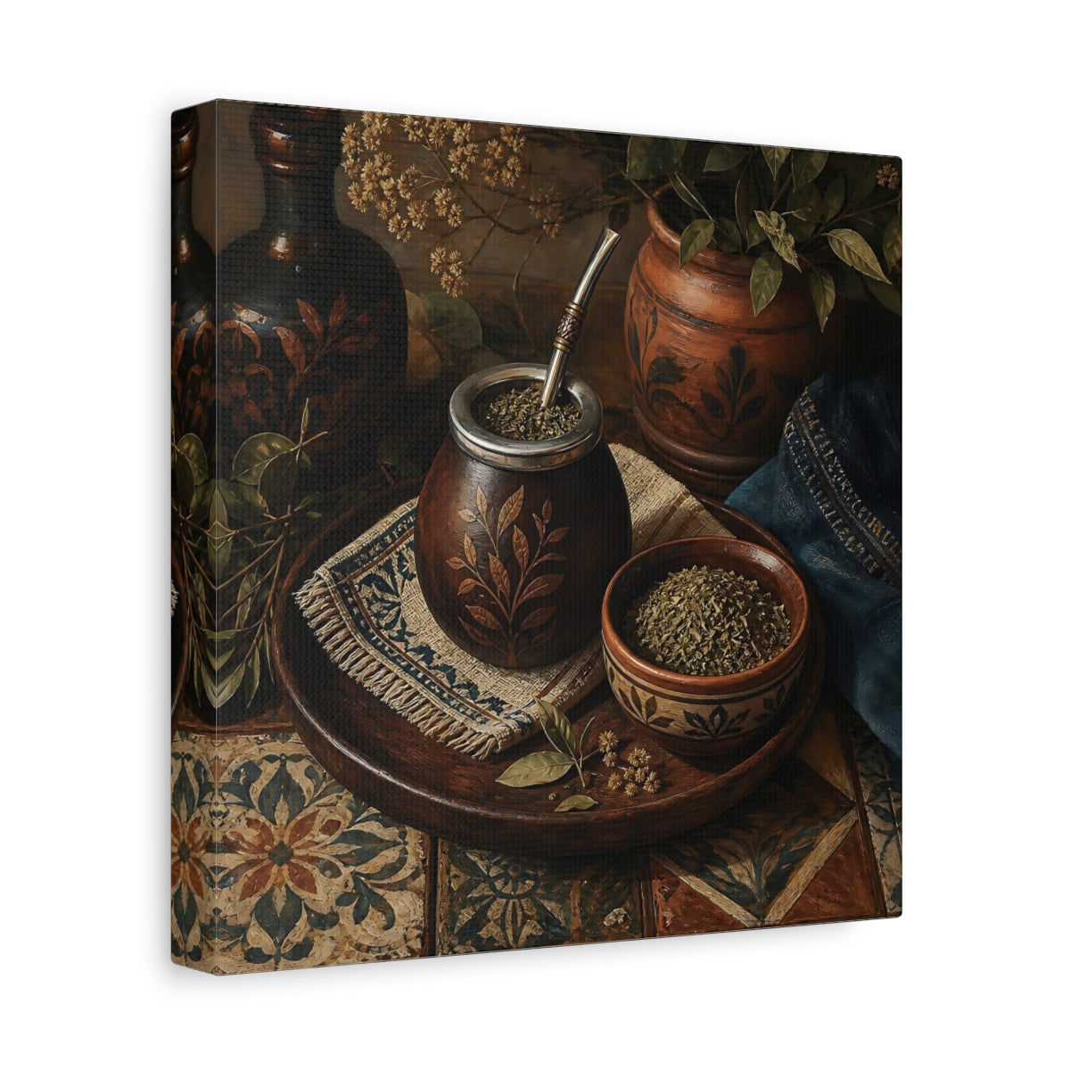 Side Mockup 9. Vintage Yerba Mate Rustic Still Life shown as stretched canvas wall art