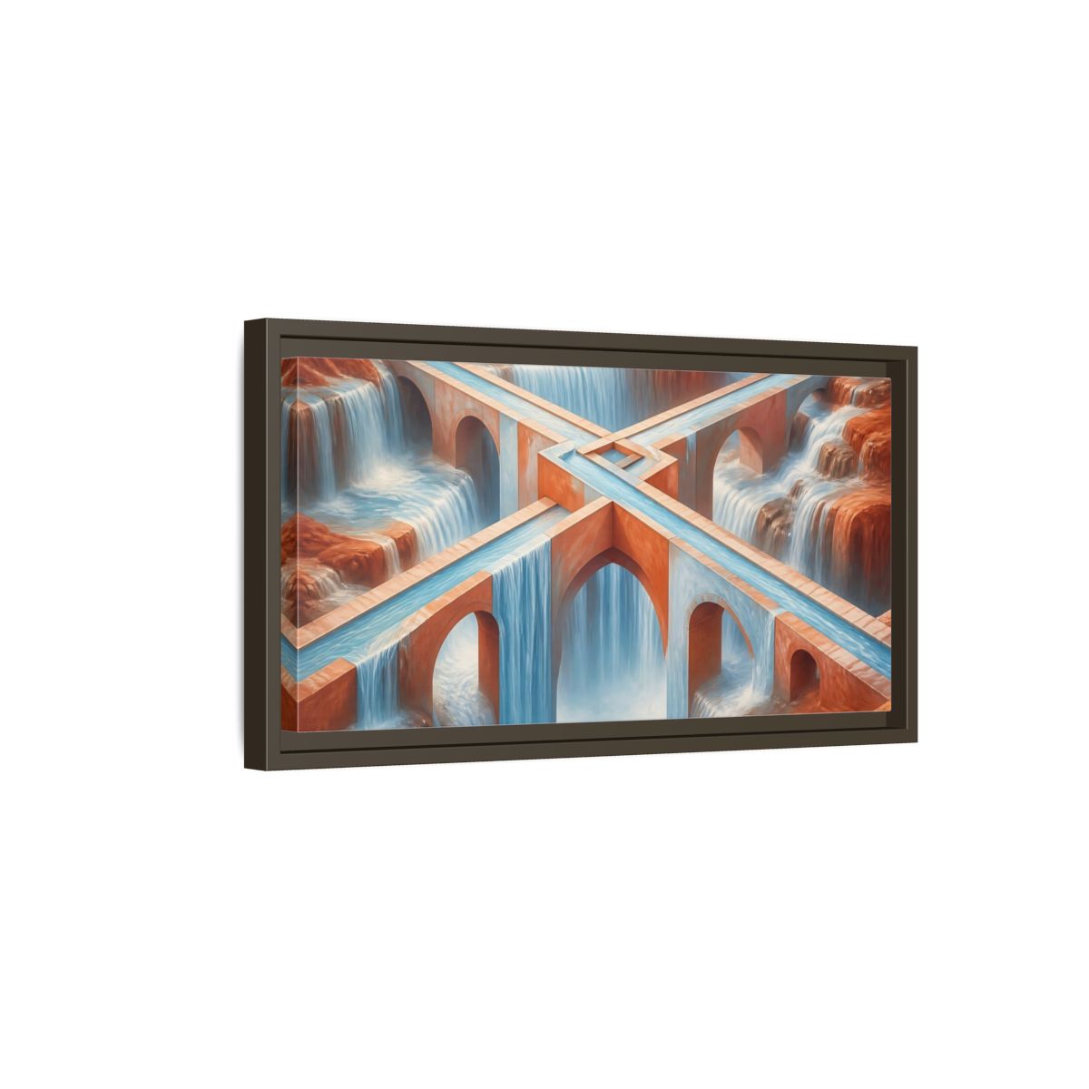 Side Mockup 7. Waterfall Bridge Illusion shown as framed canvas print