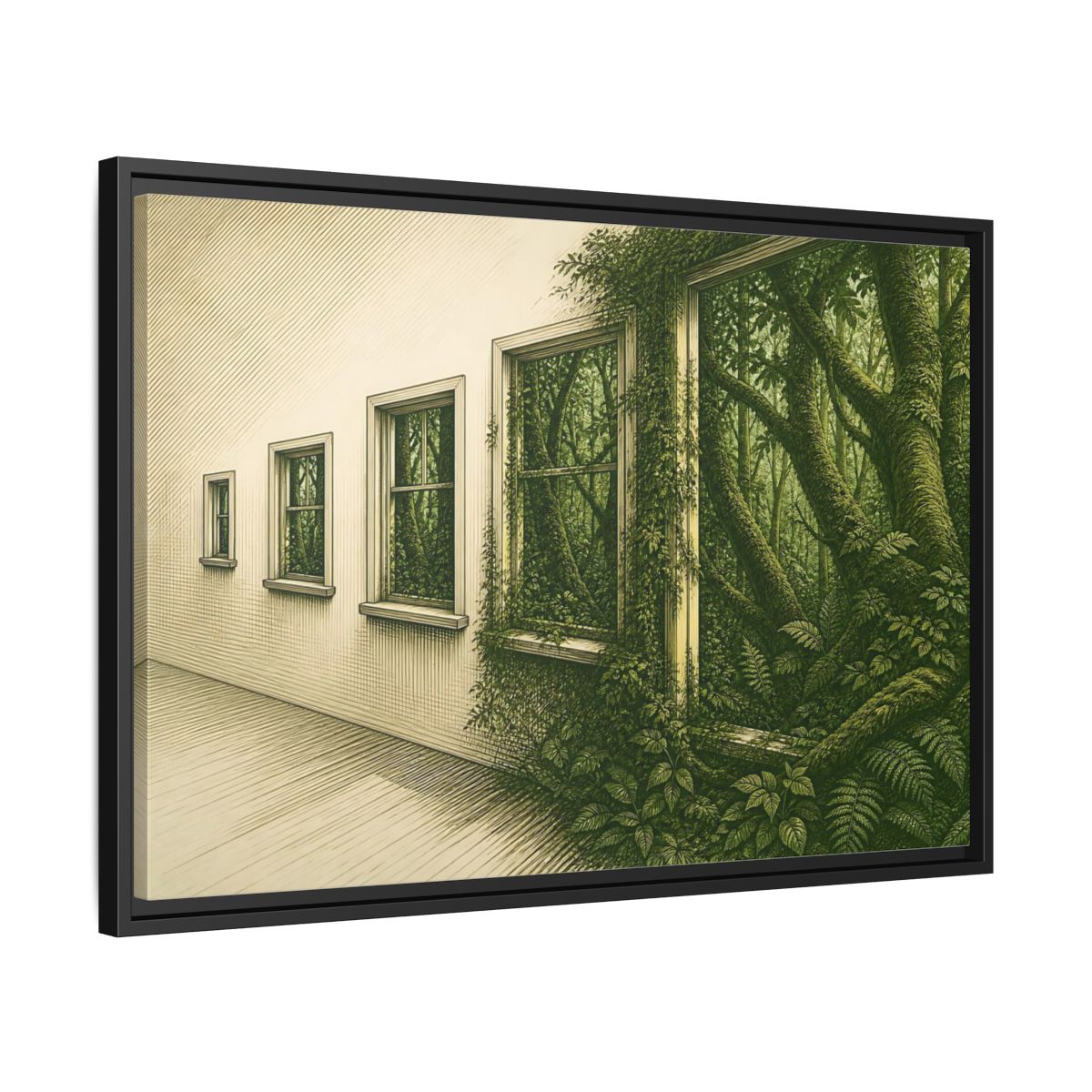 Side Mockup 14. Window To The Moss Forest shown as framed canvas print