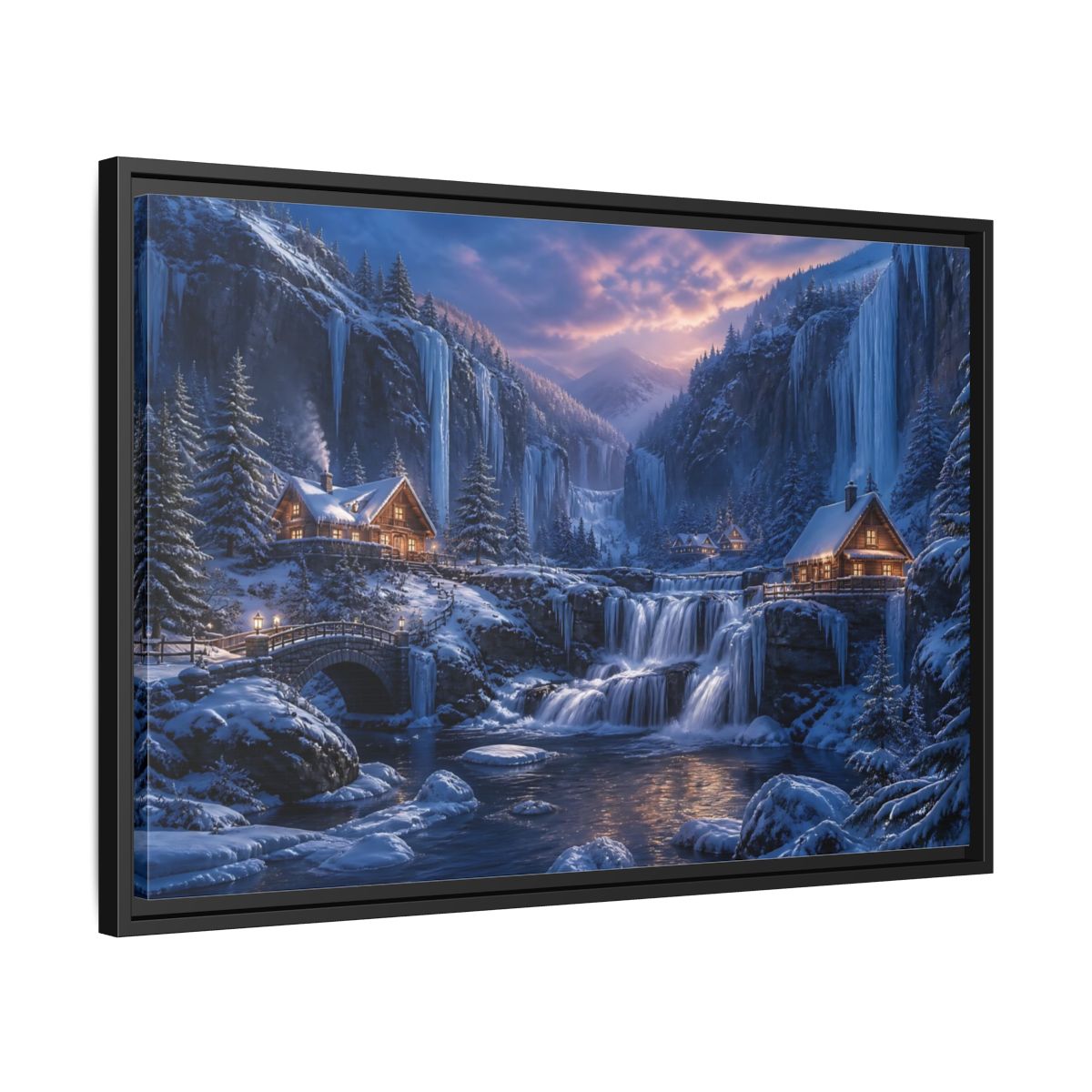 Side Mockup 14. Winter Cabin By Frozen Falls shown as framed canvas print