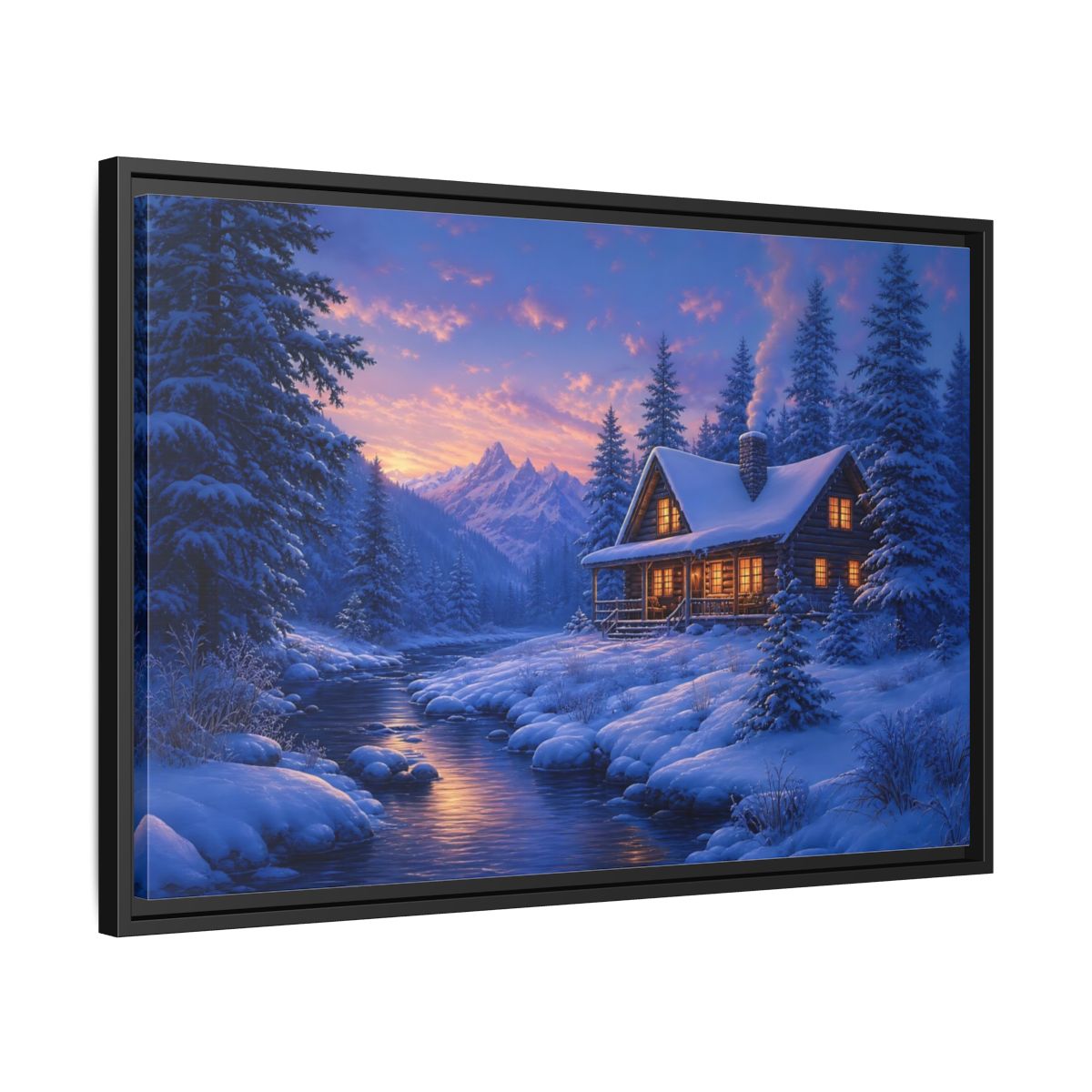 Side Mockup 14. Winter Cabin By The River shown as framed canvas print