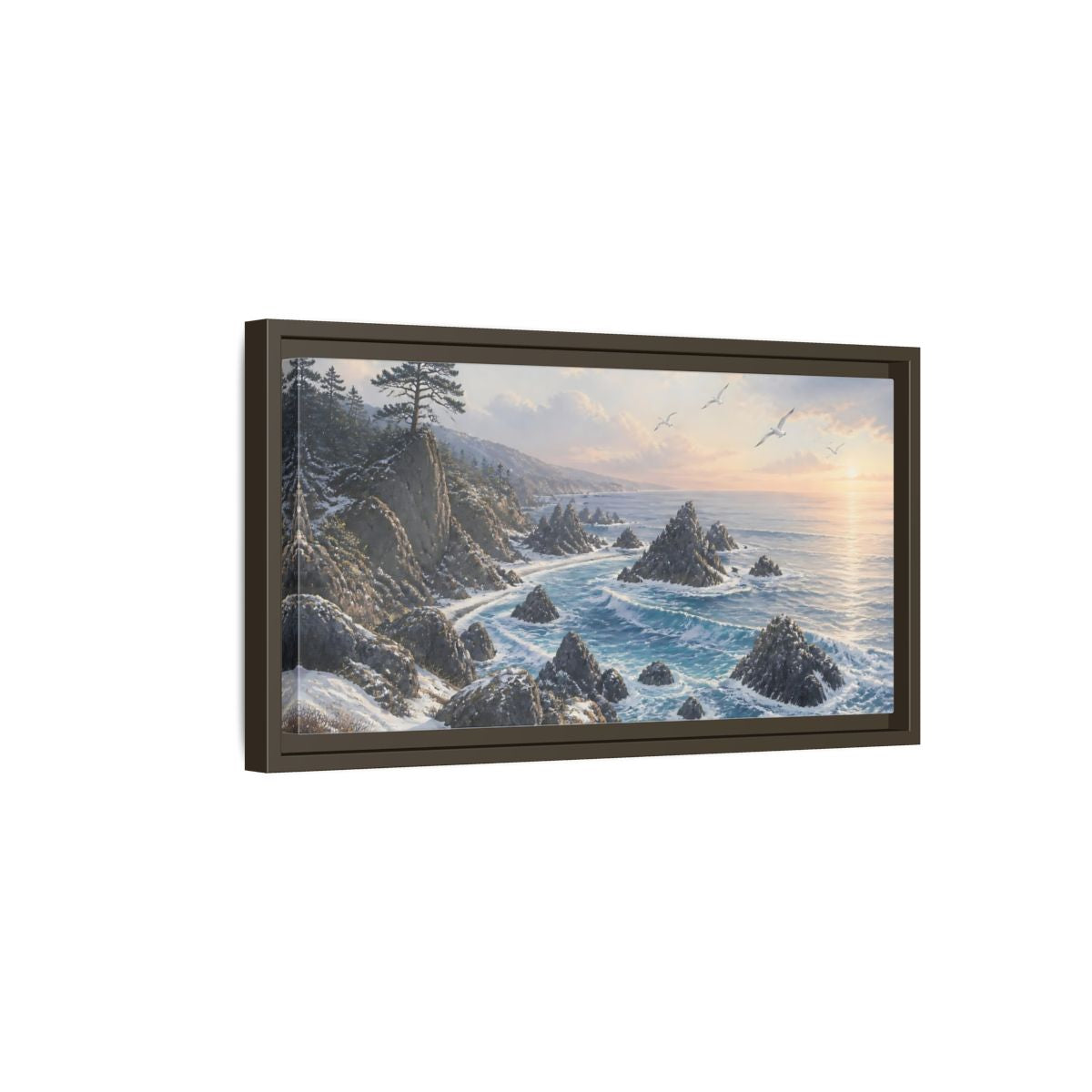 Side Mockup 7. Winter Coastline At Sunrise shown as framed canvas print