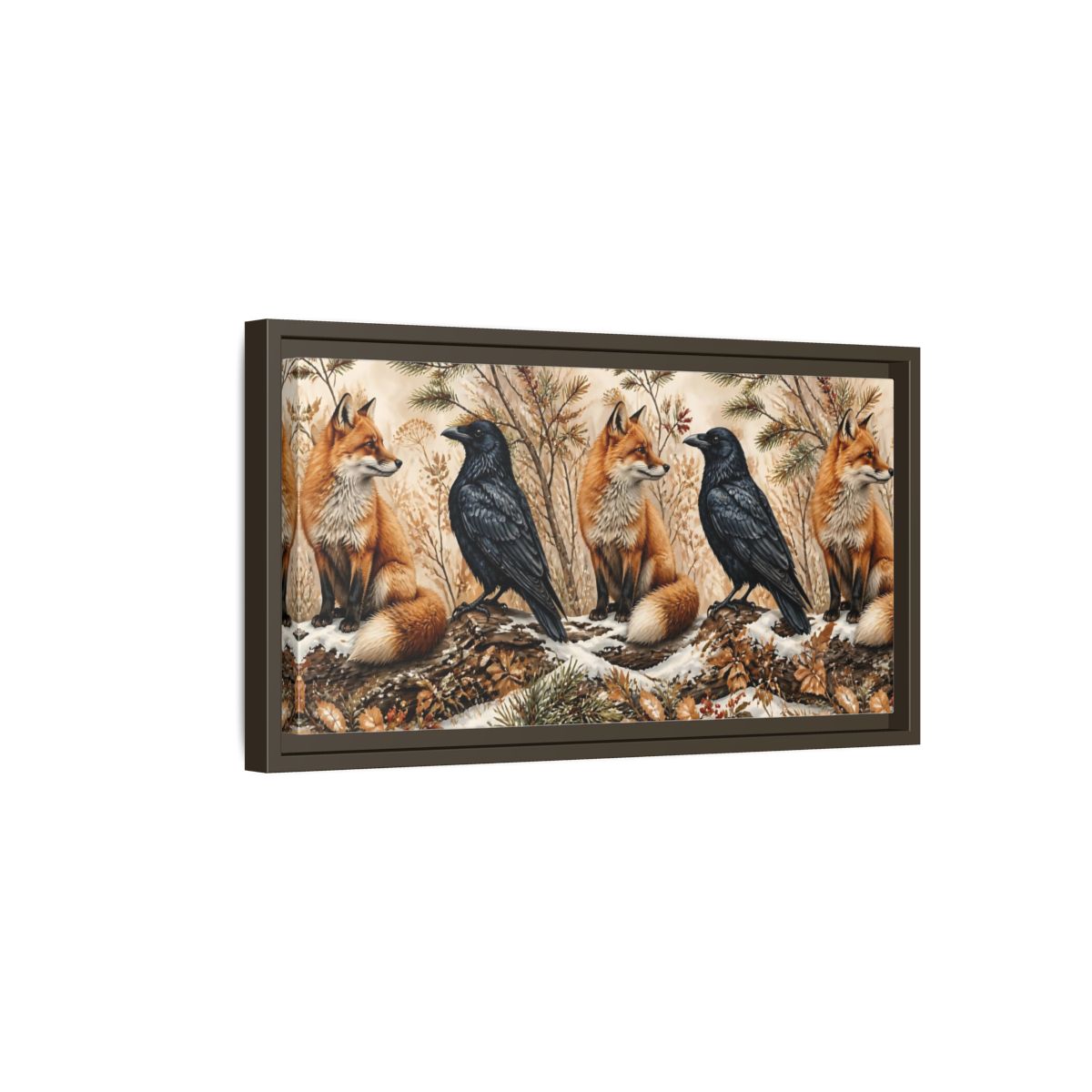 Side Mockup 7. Winter Fox And Raven shown as framed canvas print