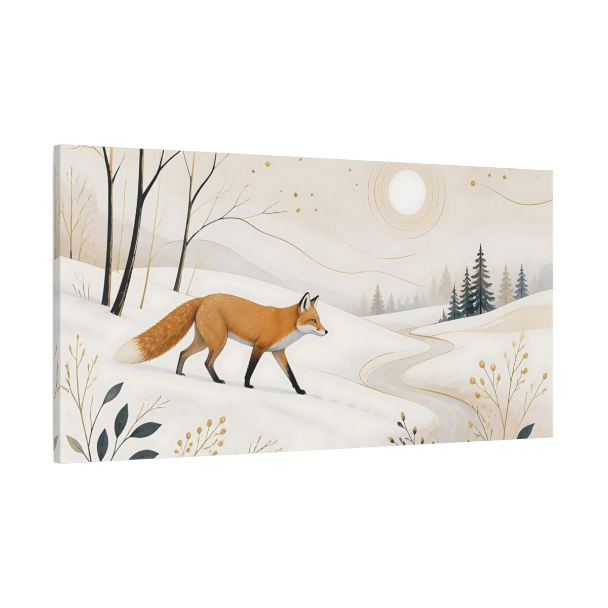 Side Mockup 2. Winter Fox In Snow shown as canvas print