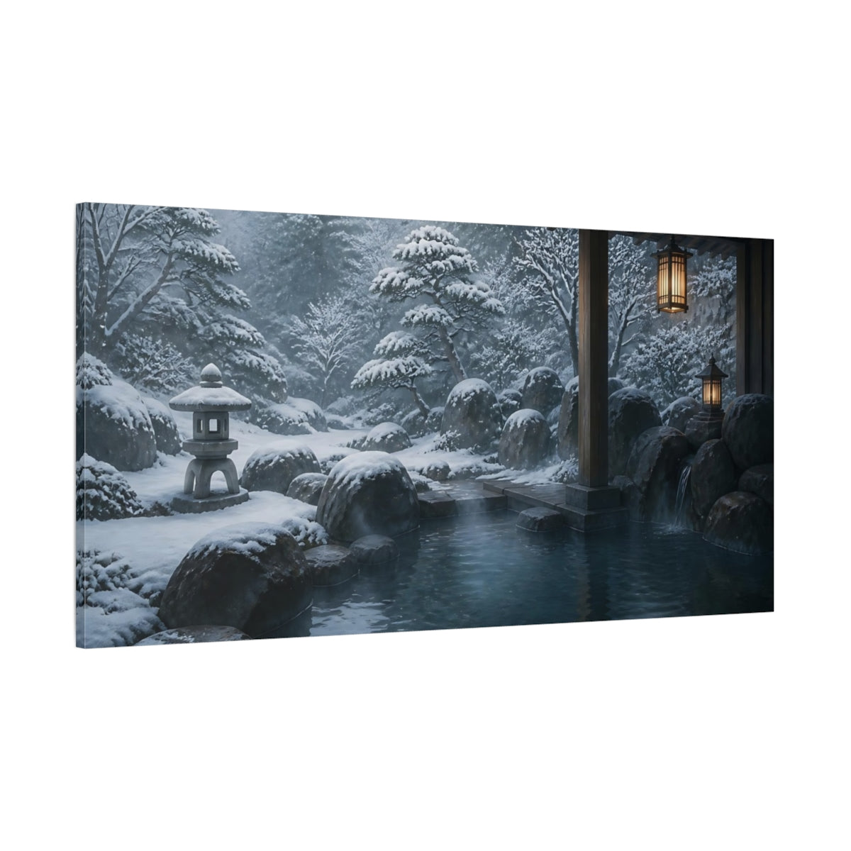 Side Mockup 2. Winter Onsen Retreat shown as canvas print