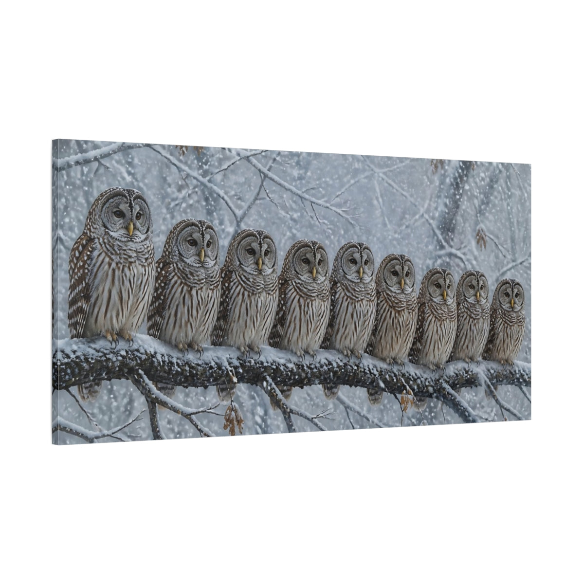 Side Mockup 2. Winter Owls On Branch shown as canvas print