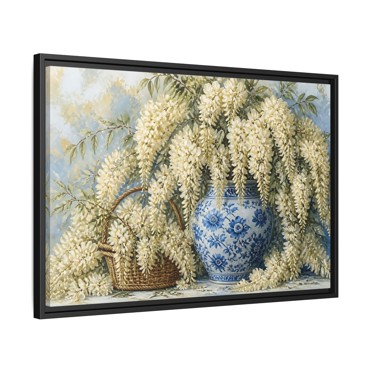 Side Mockup 14. Wisteria In Blue Vase shown as framed canvas print