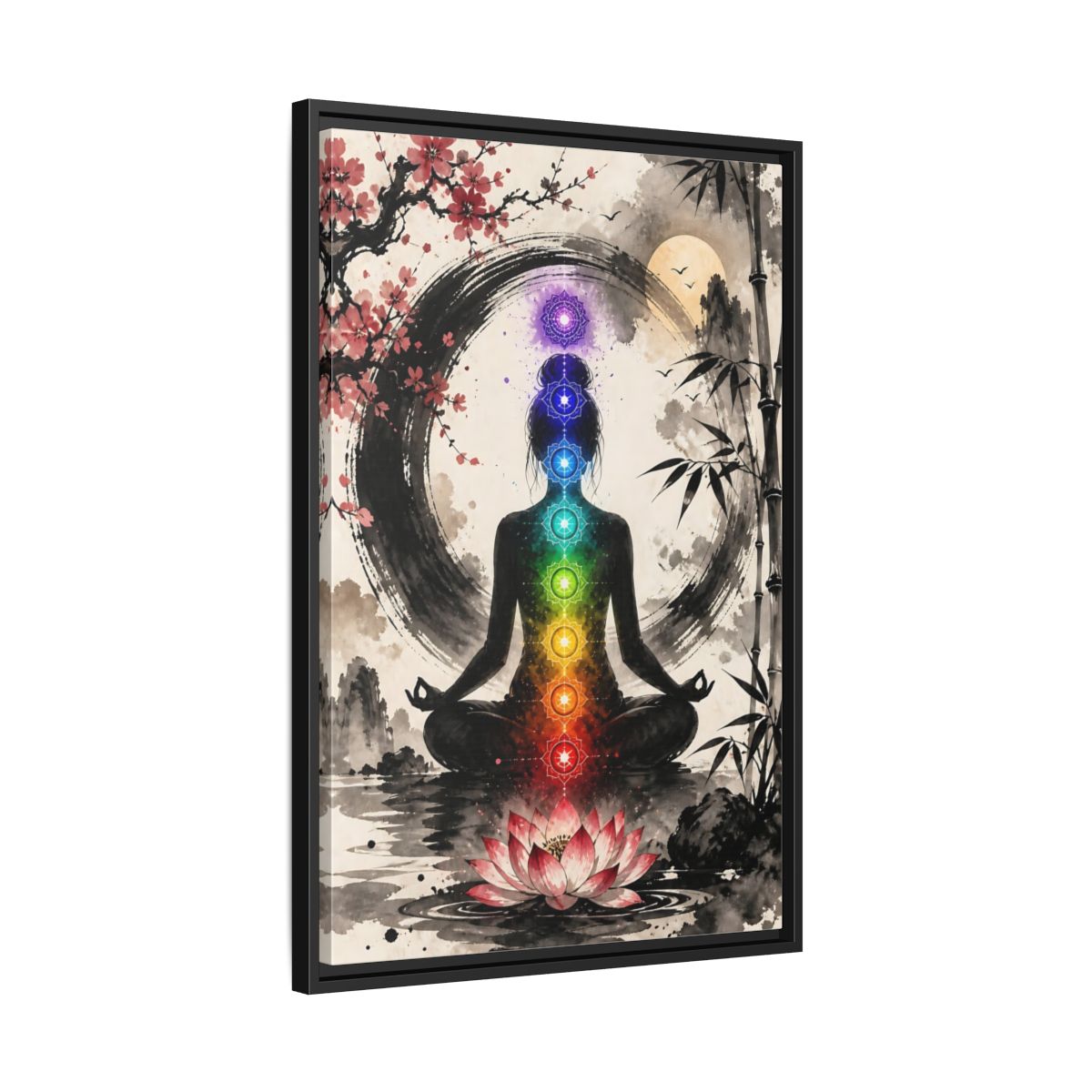 Side Mockup 14. Yoga Chakra Silhouette shown as framed canvas print