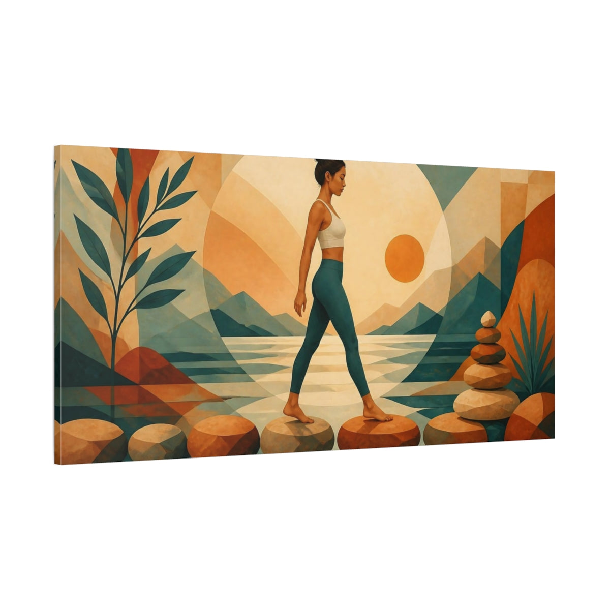 Side Mockup 2. Yoga Woman On Stones shown as canvas print