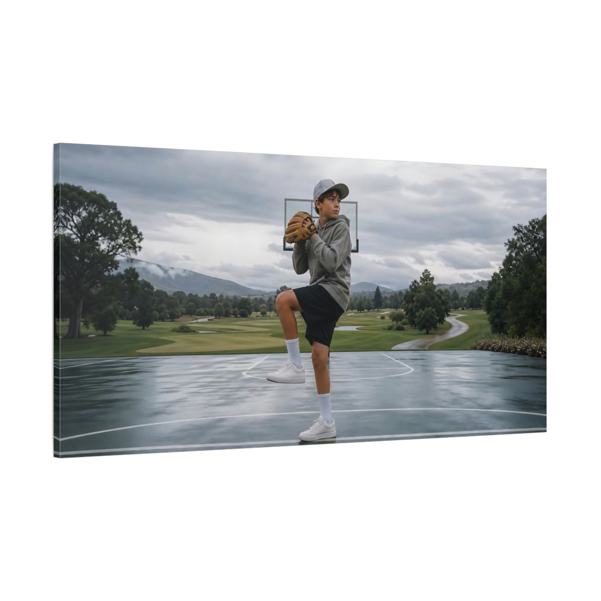 Side Mockup 2. Young Pitcher On Wet Court shown as canvas print