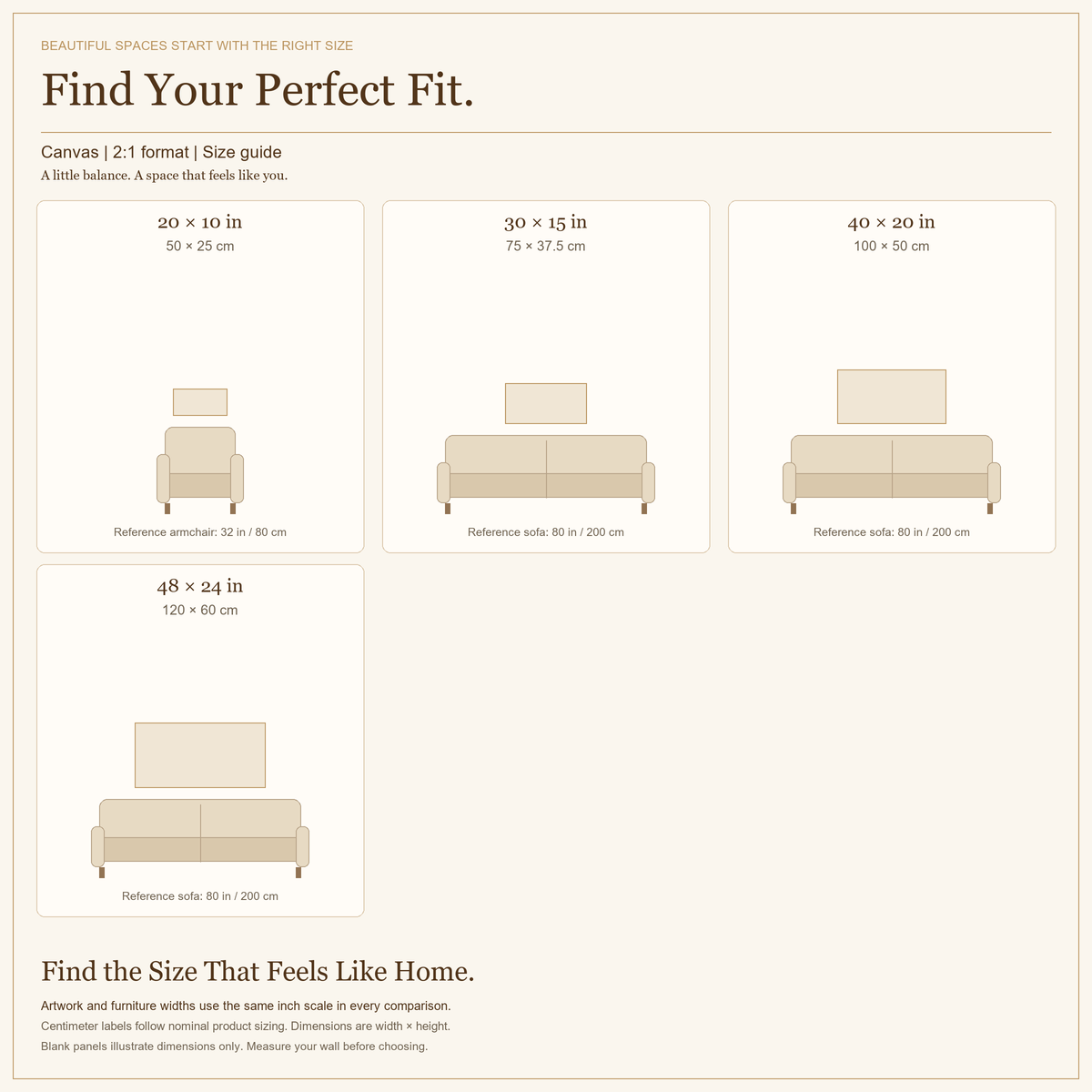 canvas 2:1 size guide in inches and centimeters.