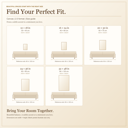 canvas 2:3 size guide in inches and centimeters, with a measured sofa reference.