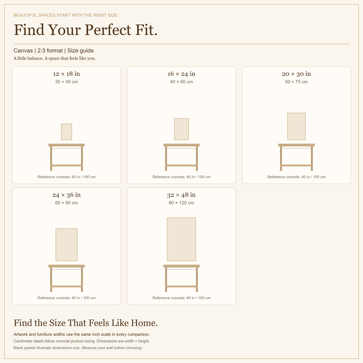 canvas 2:3 size guide in inches and centimeters.