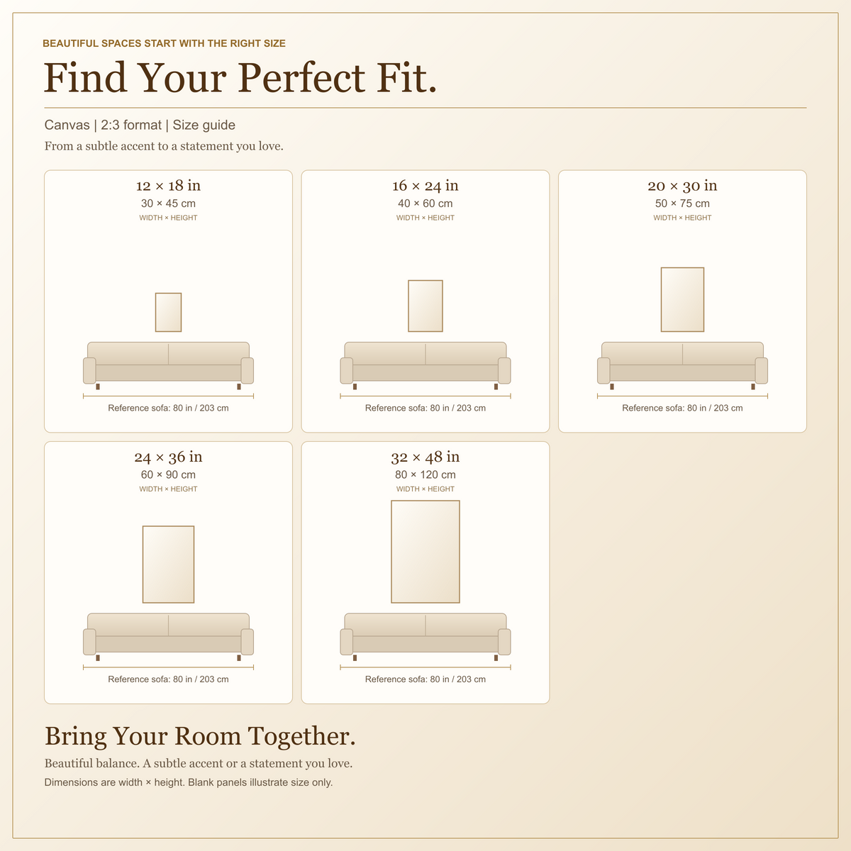 canvas 2:3 size guide in inches and centimeters, with a measured sofa reference.