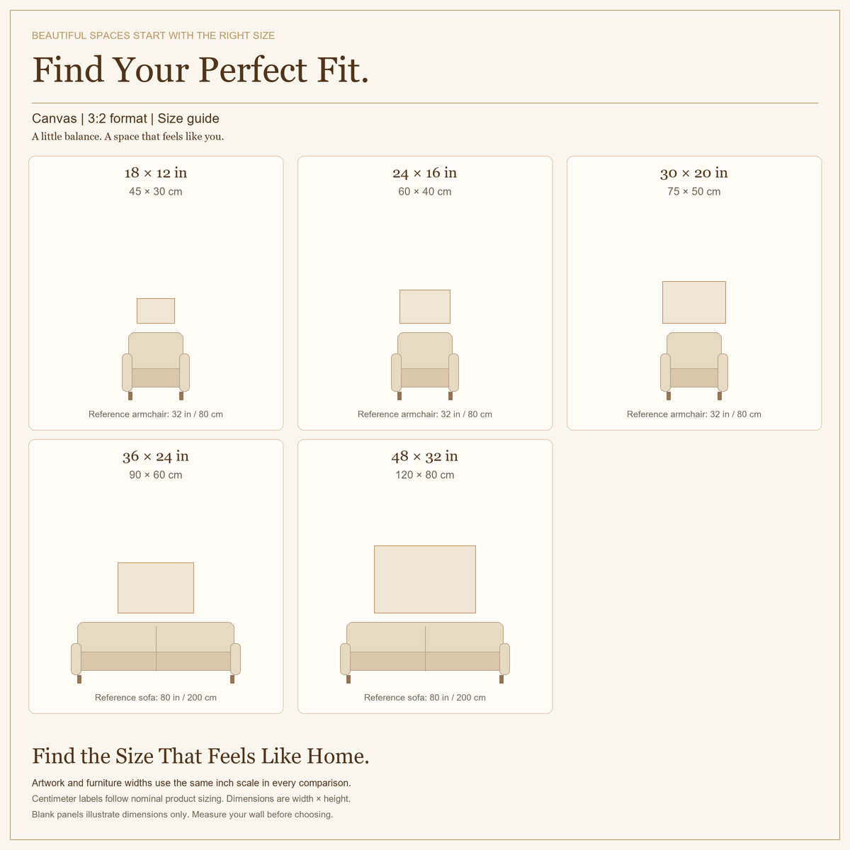 canvas 3:2 size guide in inches and centimeters.