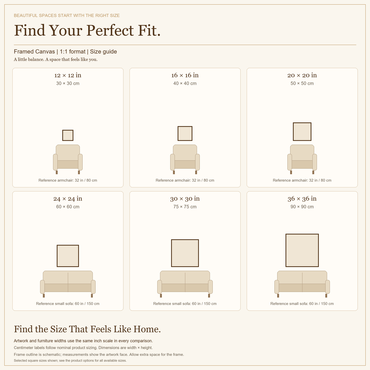 framed canvas 1:1 size guide in inches and centimeters.