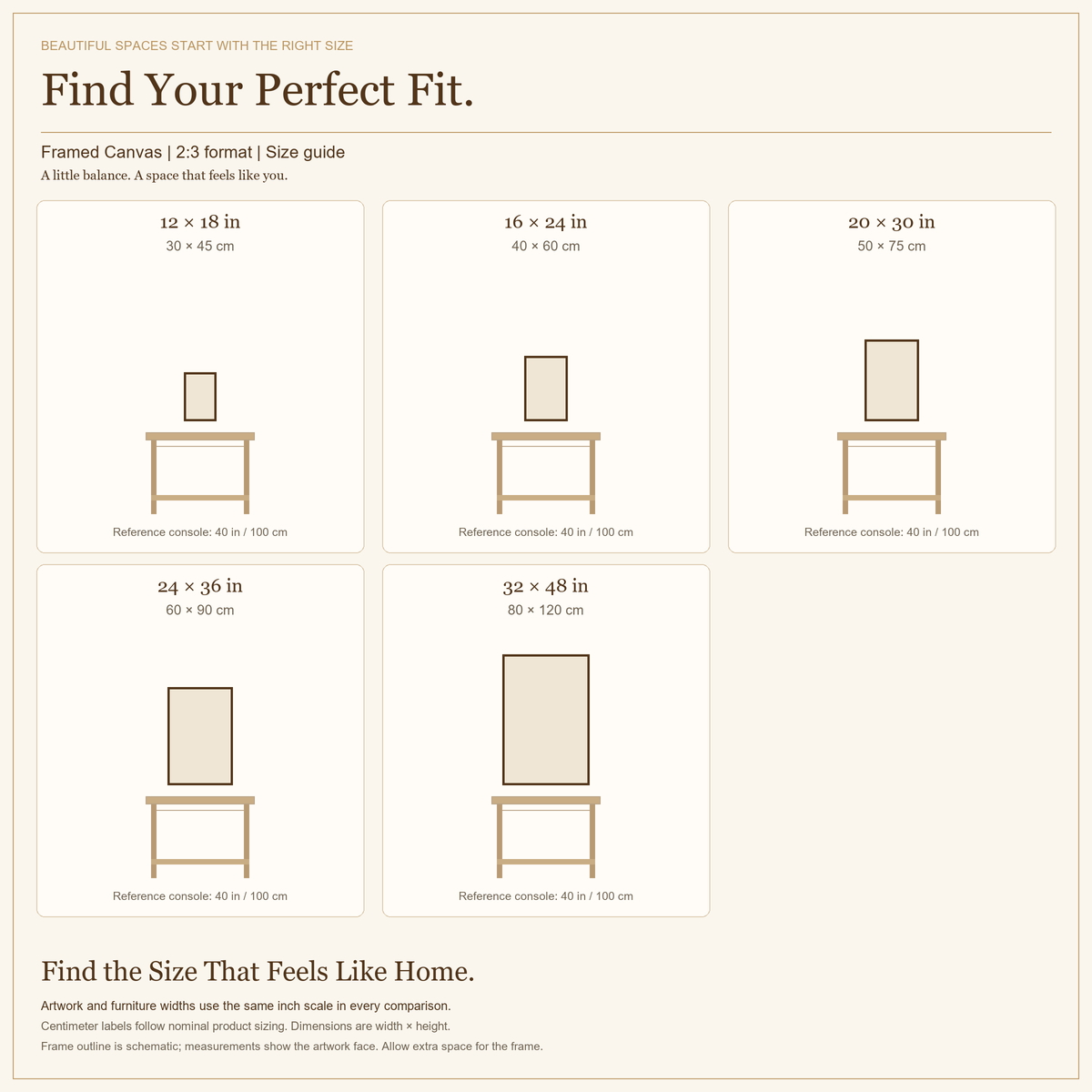 framed canvas 2:3 size guide in inches and centimeters.