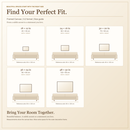 framed canvas 3:2 size guide in inches and centimeters, with a measured sofa reference.