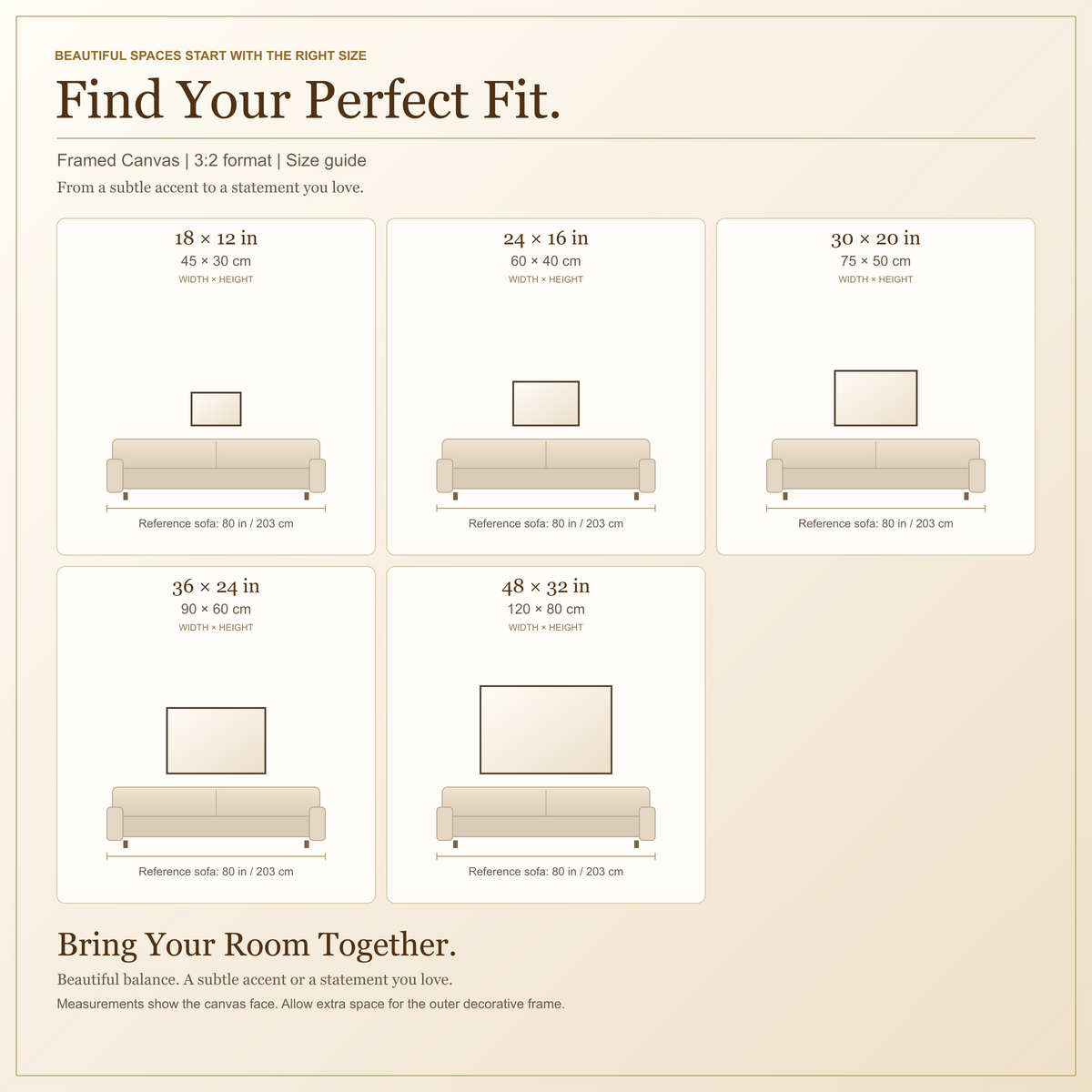 framed canvas 3:2 size guide in inches and centimeters, with a measured sofa reference.