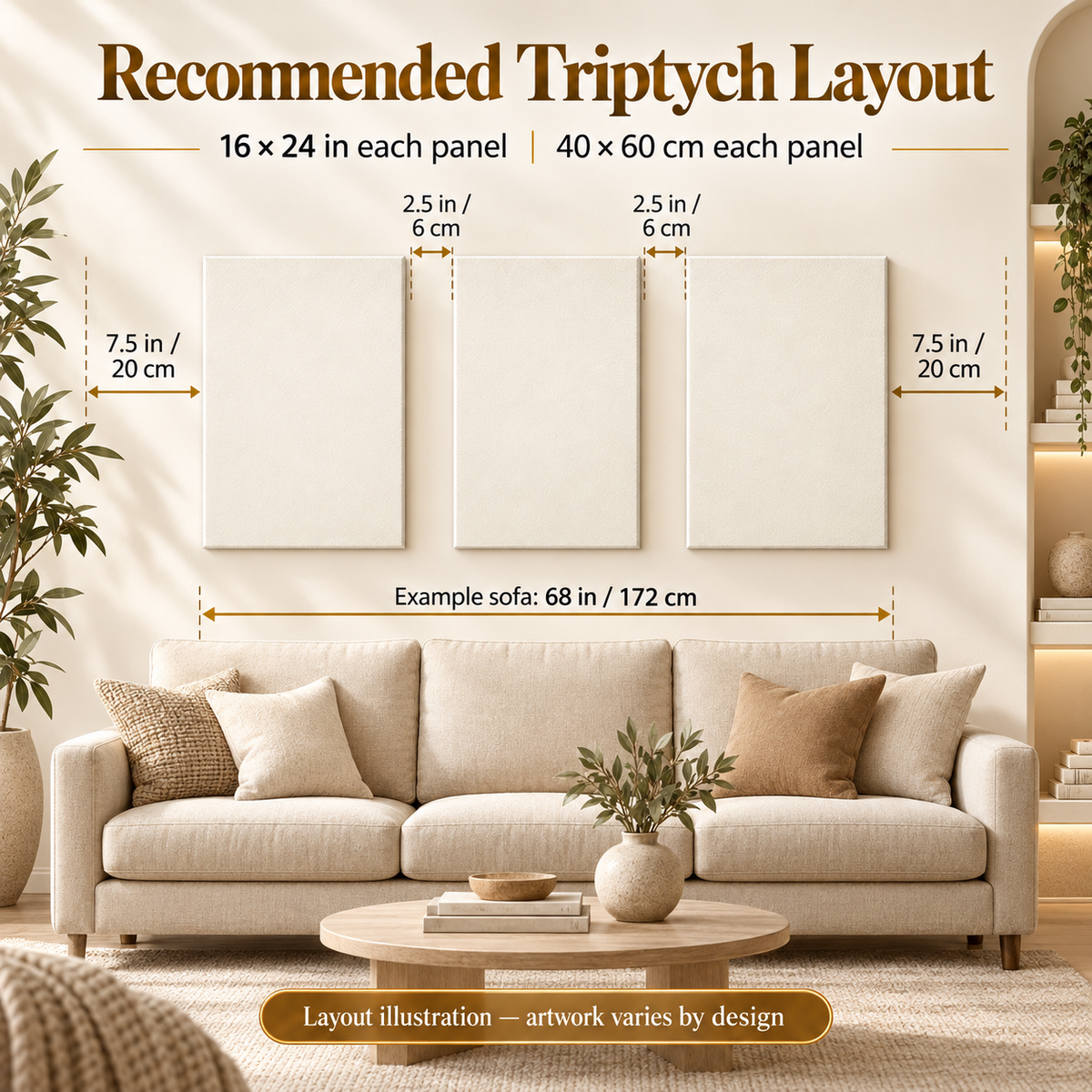 bundle canvas three-panel wall art hanging layout and spacing example.