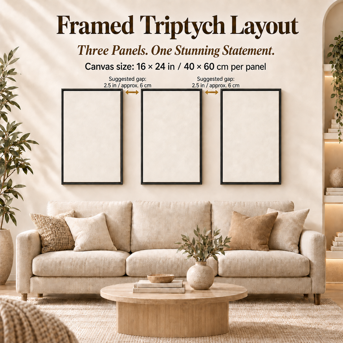 bundle framed canvas three-panel wall art hanging layout and spacing example.