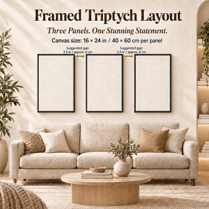 bundle framed canvas three-panel wall art hanging layout and spacing example.