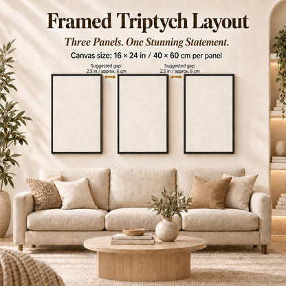 bundle framed canvas three-panel wall art hanging layout and spacing example.