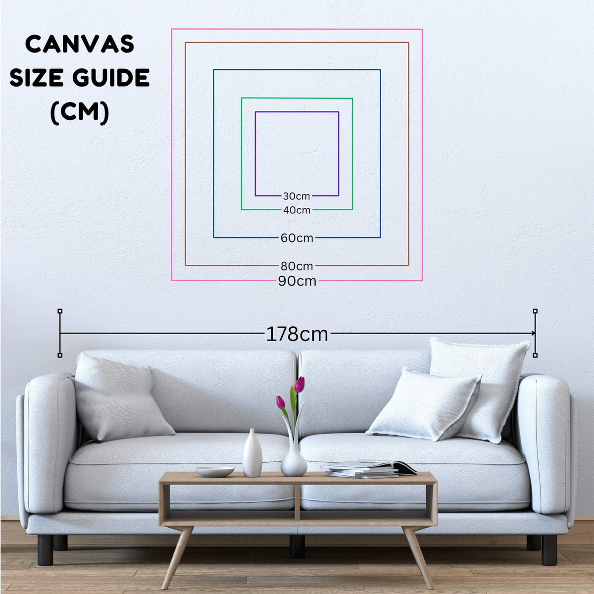 Framed Canvas Print size map in centimeters