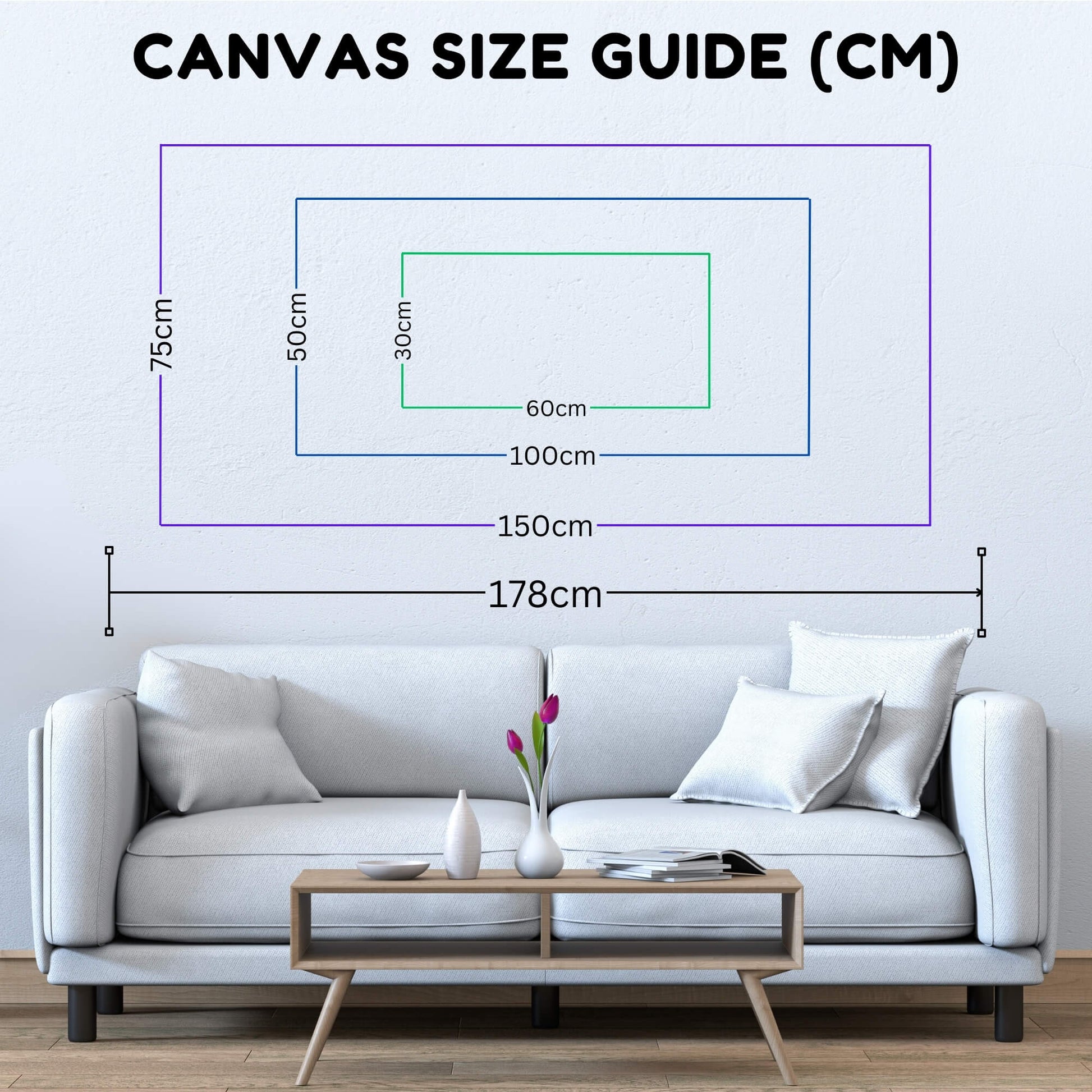 Framed Canvas Print size map in centimeters