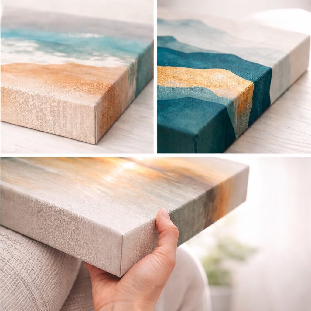 Collage of premium gallery-wrapped canvas with artwork continuing around the edges.