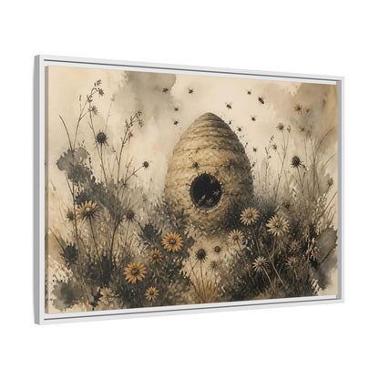 Side Mockup 9. Abandoned Beehive Among Wildflowers shown as framed canvas print