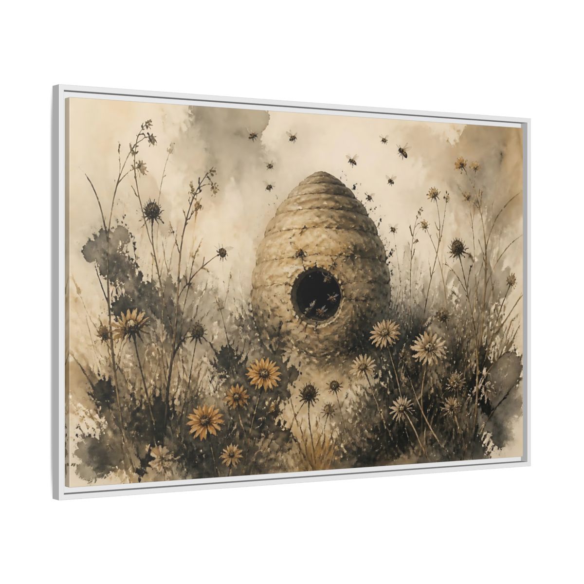Side Mockup 7. Abandoned Beehive Among Wildflowers shown as framed canvas print