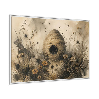 Side Mockup 7. Abandoned Beehive Among Wildflowers shown as framed canvas print