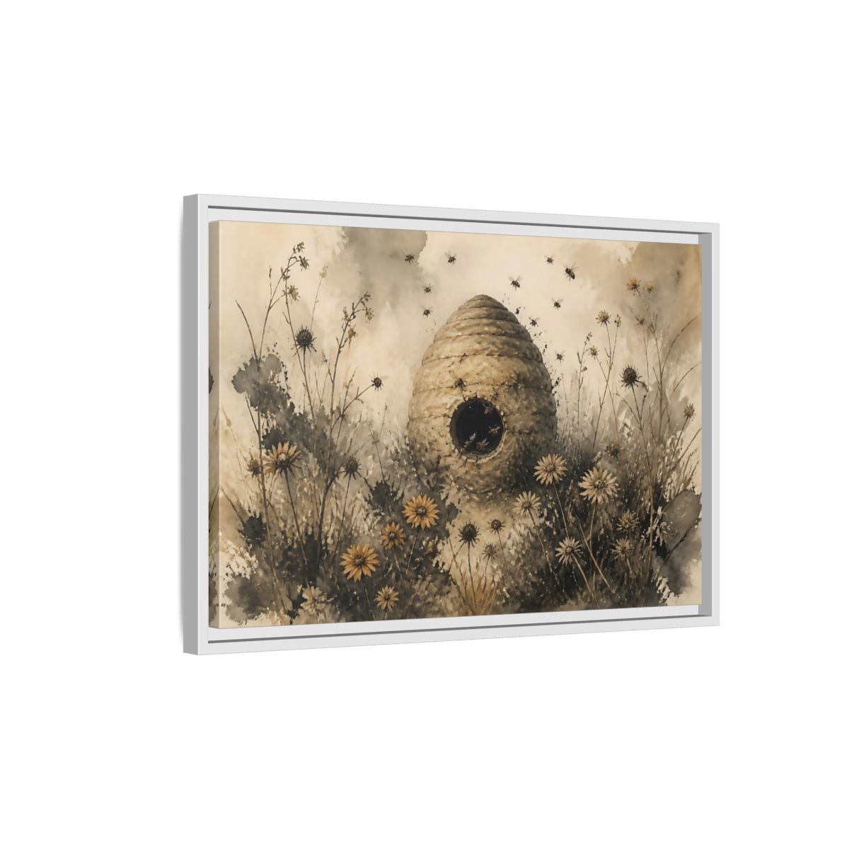 Side Mockup 1. Abandoned Beehive Among Wildflowers shown as framed canvas print