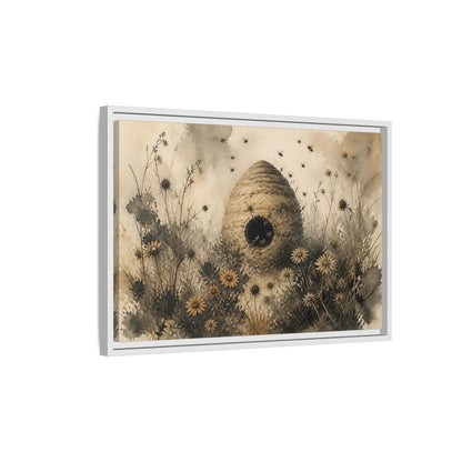 Side Mockup 1. Abandoned Beehive Among Wildflowers shown as framed canvas print