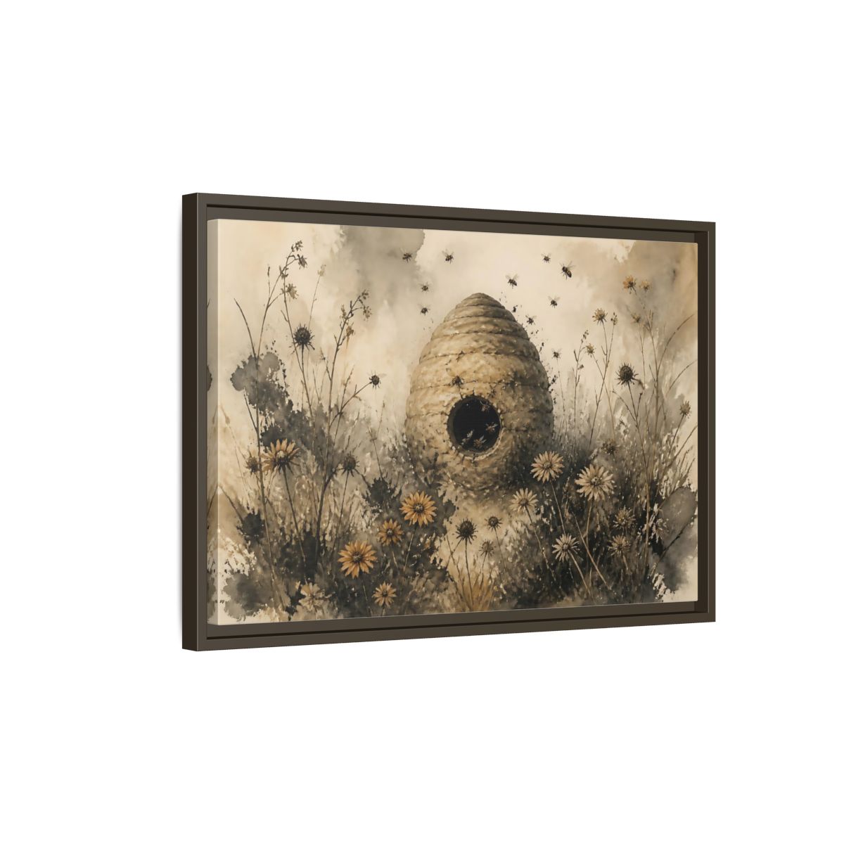 Side Mockup 2. Abandoned Beehive Among Wildflowers shown as framed canvas print