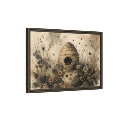Side Mockup 2. Abandoned Beehive Among Wildflowers shown as framed canvas print