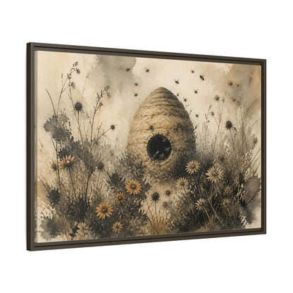 Main Mockup. Abandoned Beehive Among Wildflowers shown as framed canvas print