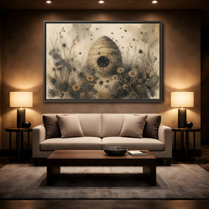 Mockup 2. Abandoned Beehive Among Wildflowers shown as framed canvas print