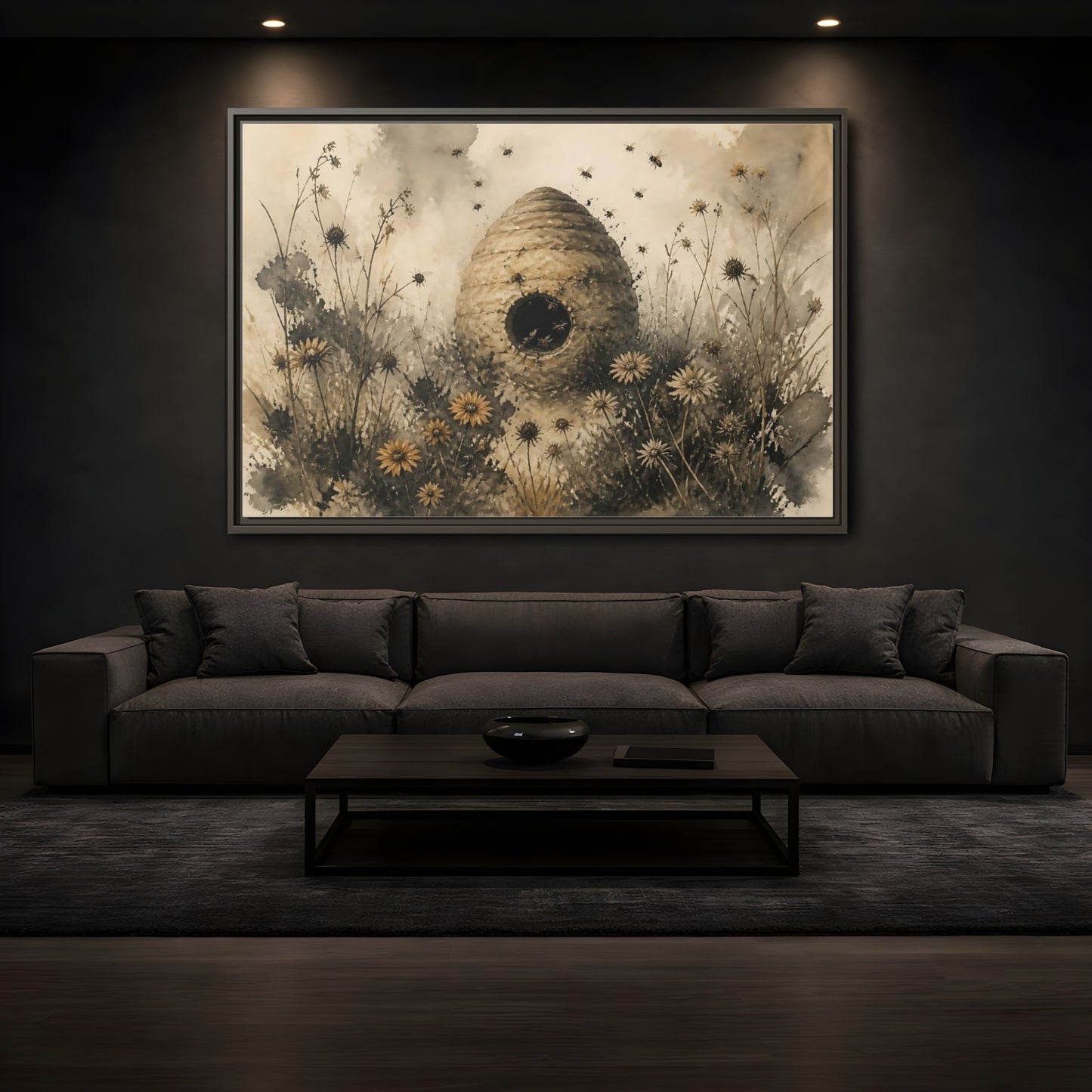 Mockup 3. Abandoned Beehive Among Wildflowers shown as framed canvas print